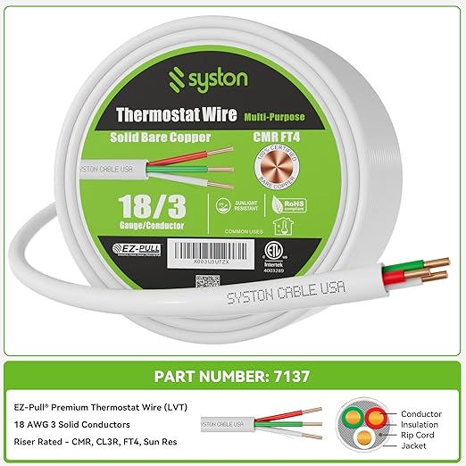 Syston 18/3 Thermostat Doorbell HVAC Heating Control Cable Wire, 100% Solid