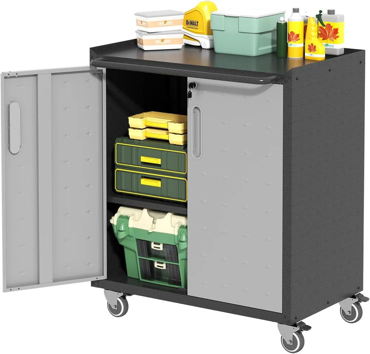 Garage Tool Storage Cabinet with Wheels & 2 Lockable Doors,Gray