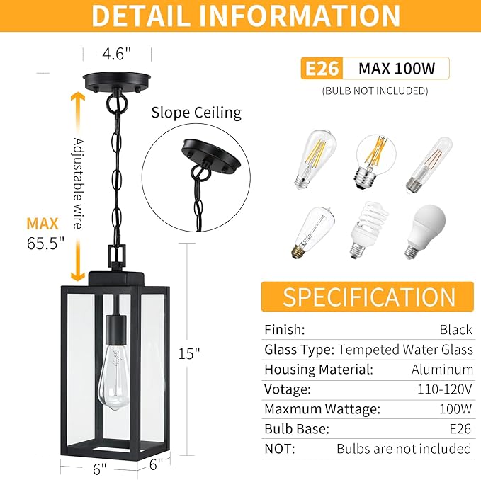 15'' Outdoor Pendant Light, Modern Outside Chandelier Outdoor Hanging Lantern
