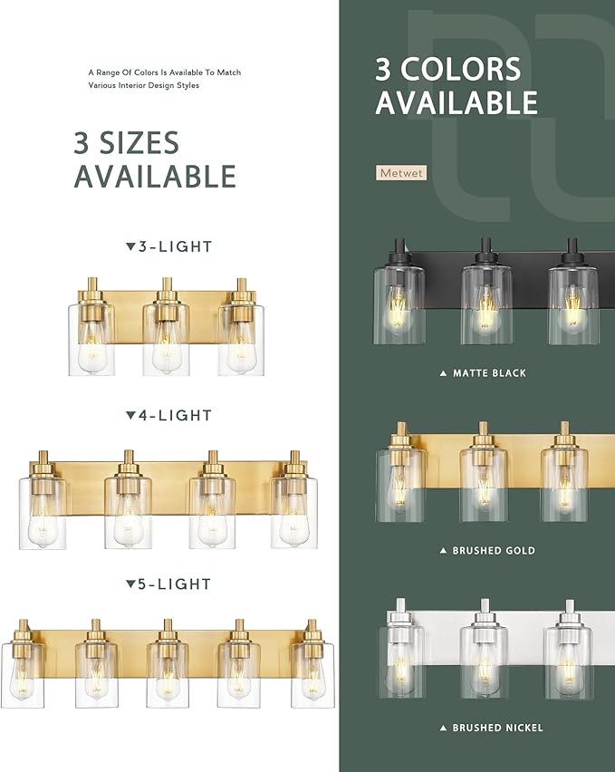 METWET 3-Light Bathroom Light Fixtures, Brushed Gold Vanity Light