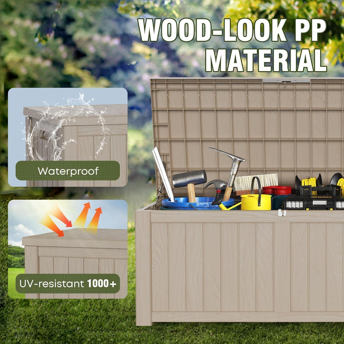 150 gallon outside storage box & bench,lockable&waterproof storage, close-up detail