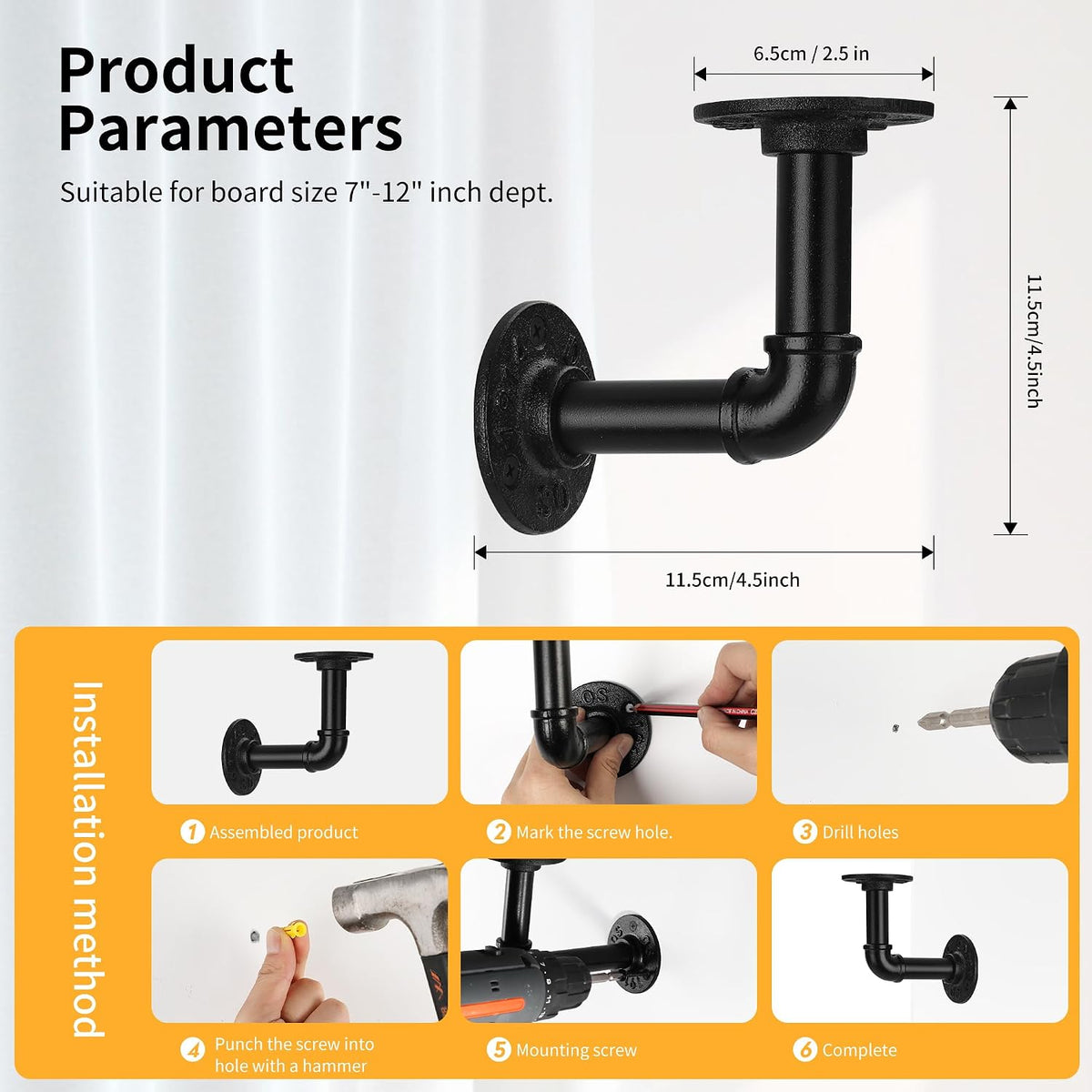 1/2" Pipe Shelf Bracket，Wall Mounted Floating Shelf Bracket, Steam Punk Decor Hanging Wall Metal Bracket, Heavy Duty Decorative Rustic Shelving Bracket (8, 4.5*4.5"(11.5*11.5cm))
