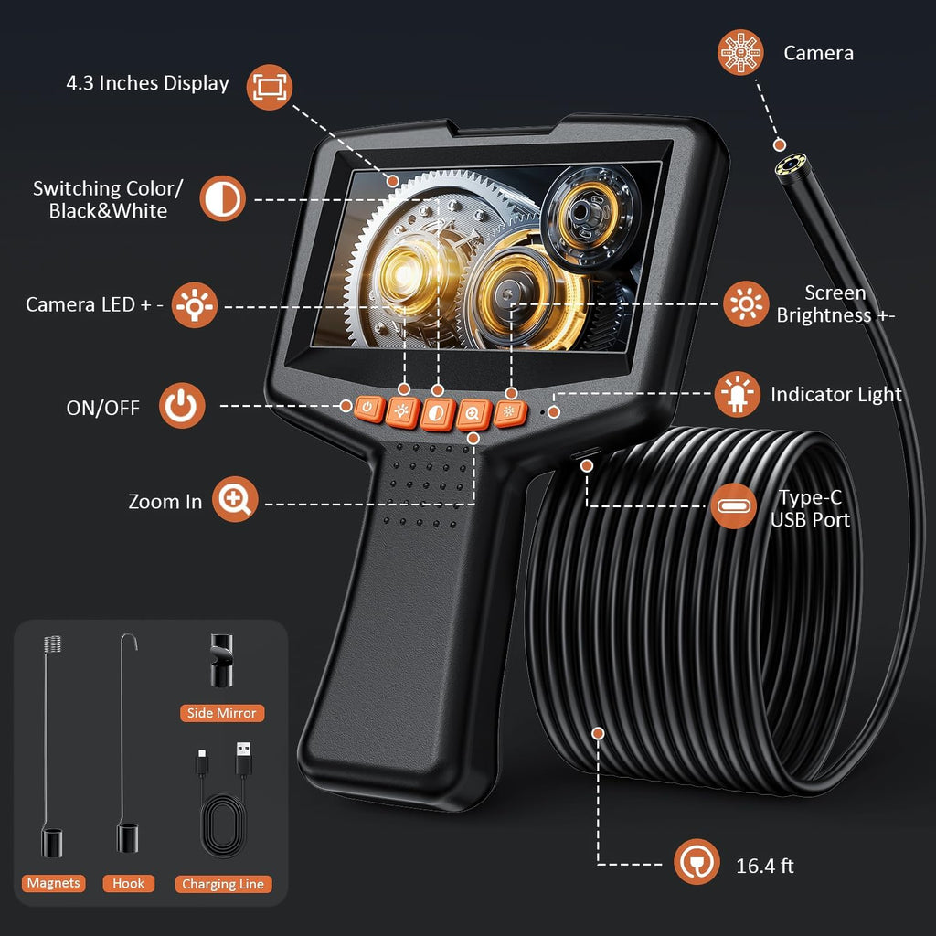 endoscope camera with light: 4.3" 1080p hd inspection, package contents