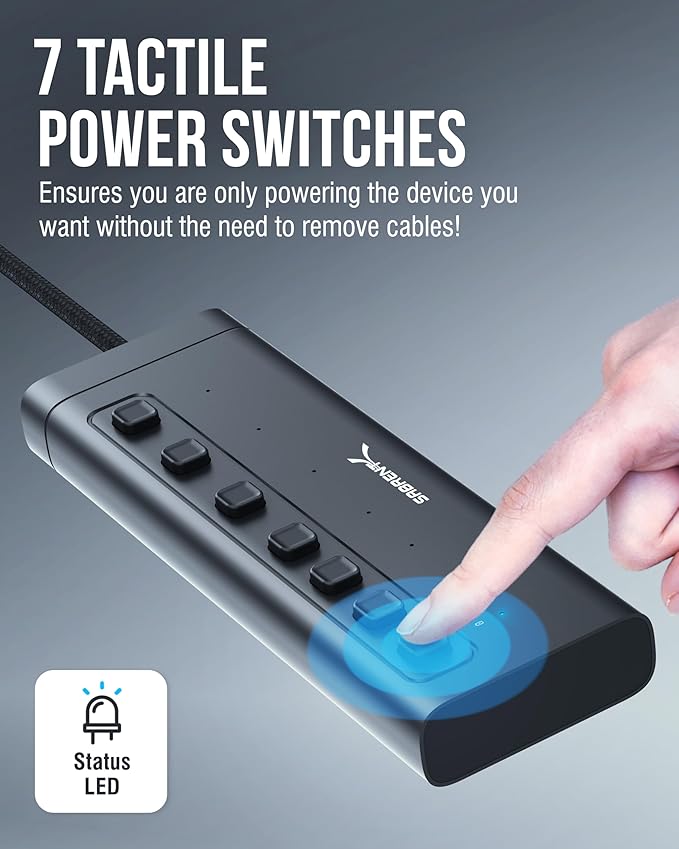 SABRENT 7-Port USB-C Hub with Power Switches, 5Gbps USB 3.2, 48W Powered Hub