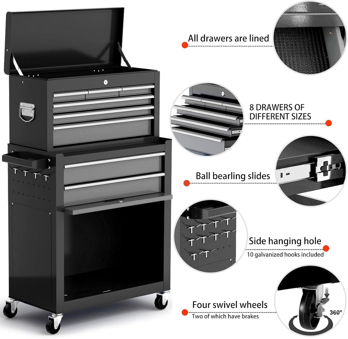 8-drawer tool chest with wheels, 42'' rolling tool, close-up detail