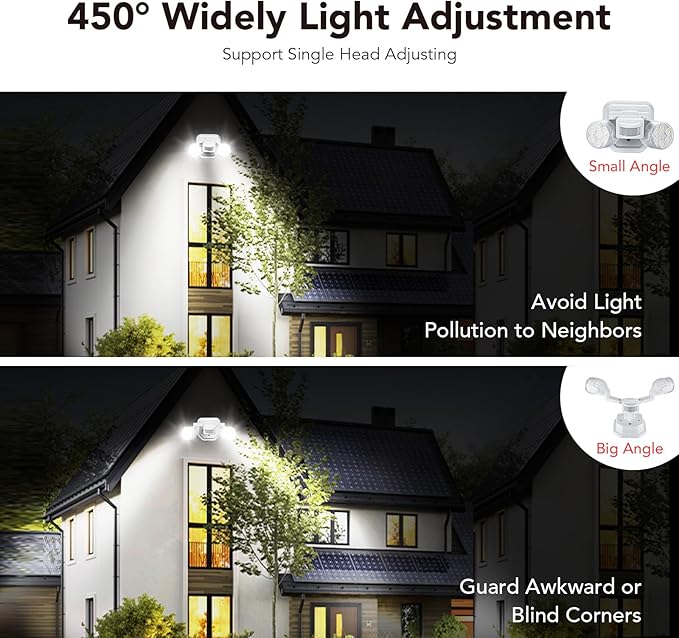 OREiN 2 Pack Motion Sensor Outdoor Lights, 450° Superwide Adjustment Dimmable