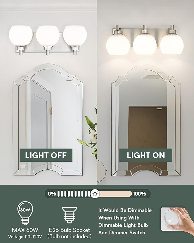 METWET Bathroom Light Fixtures, 3-Light Brushed Nickel Vanity Light, Modern