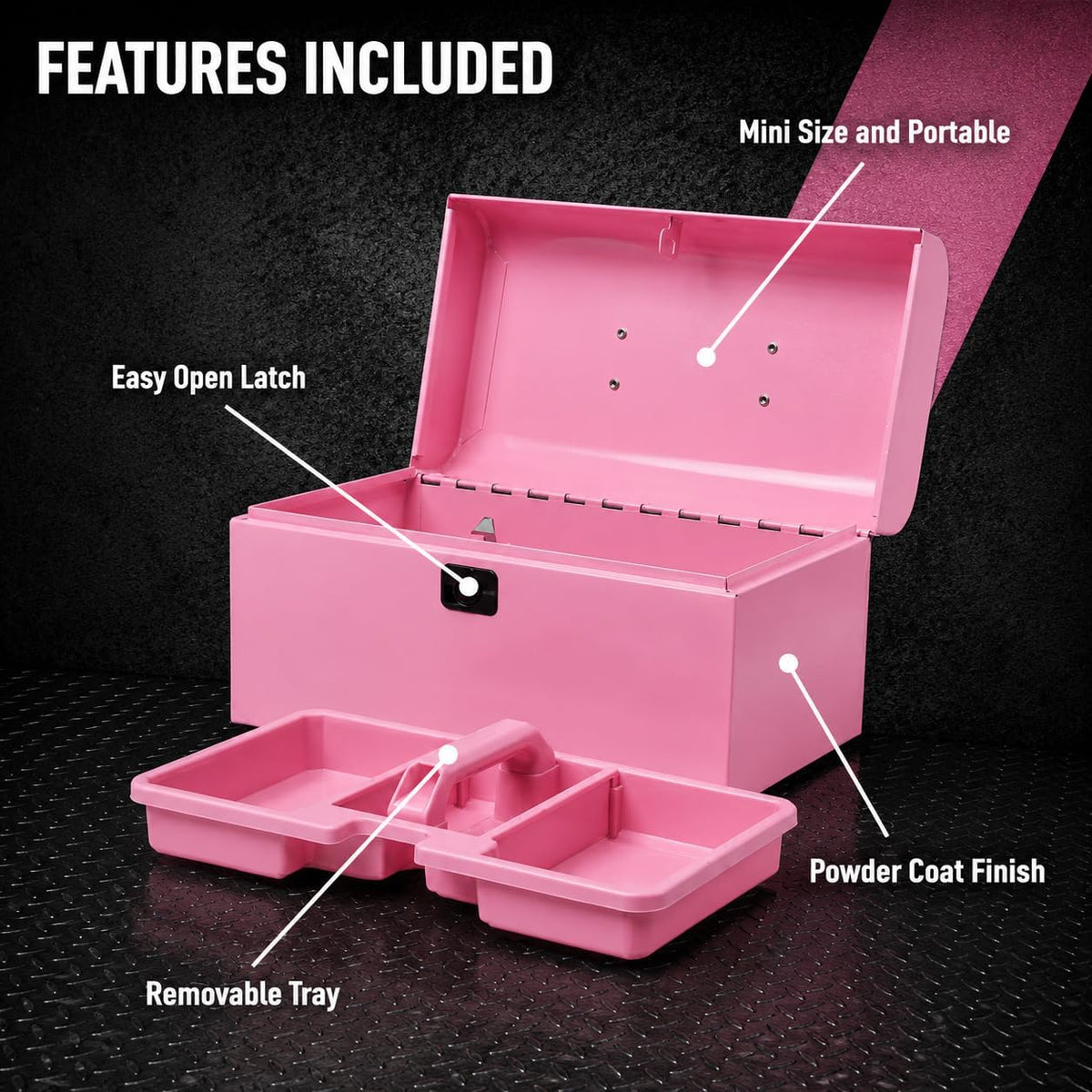 k.balt retro portable mini toolbox pink steel tool, close-up detail