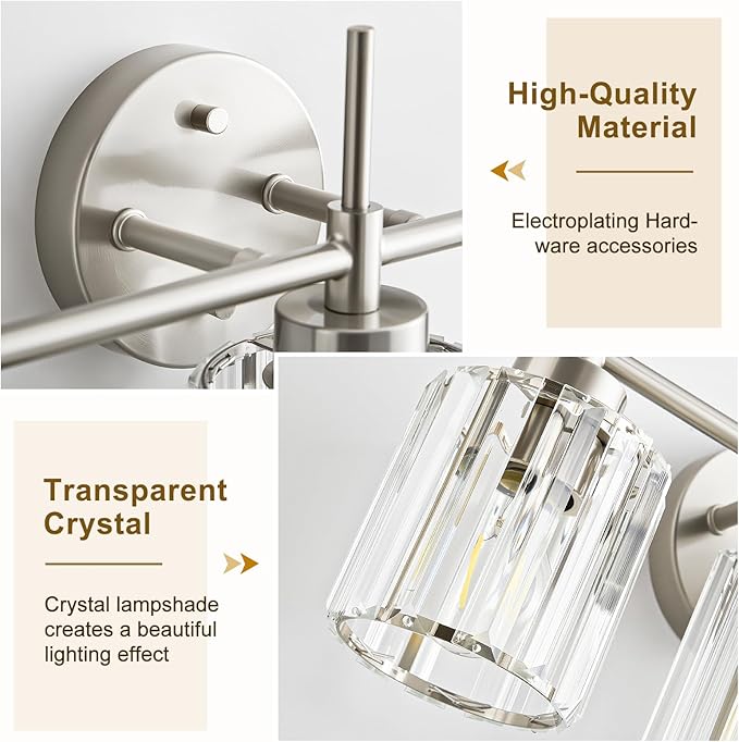 EJIAXIN 3 Light Crystal Bathroom Light Fixtures, Brushed Nickel Vanity Mirror