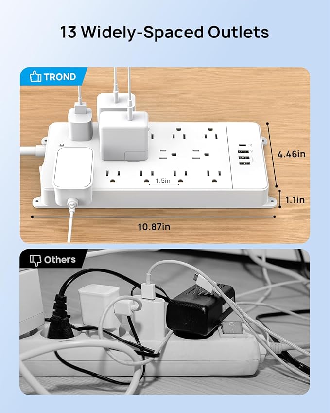TROND Surge Protector Power Strip 10 ft, Flat Plug Long Extension Cord