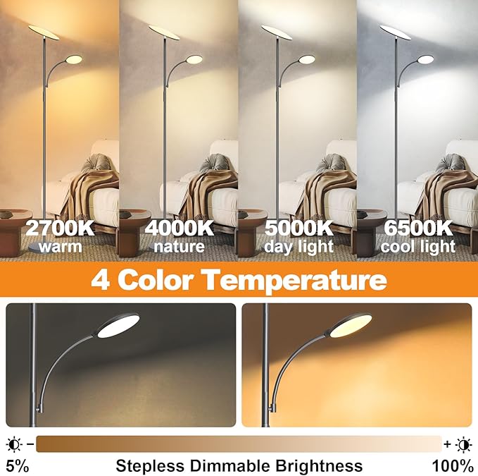 marctronic Gray Floor Lamps for Living Room, 44W/4500LM Super Bright 2 in 1 LED