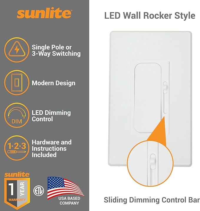 Sunlite LED Wall Rocker Style, Slide Bar Triac Dimmer Switch, Screwless Wall (4 Pack)