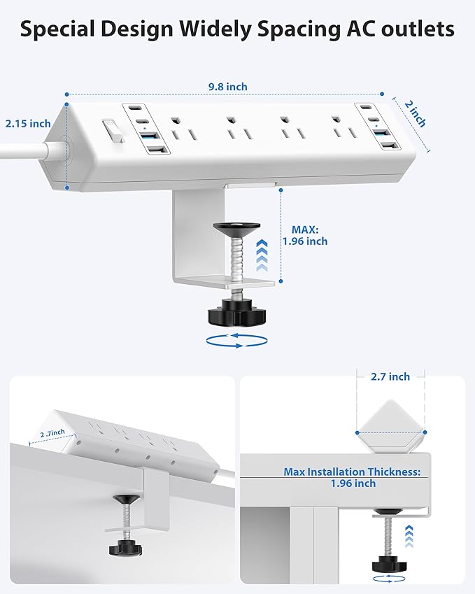 40W Fast Charging Station, Desk Clamp Power Strip 20W USB C, 8 Outlets