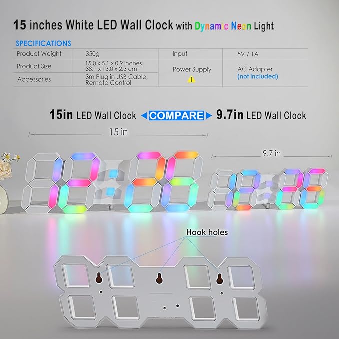 KOSUMOSU LED Wall Clock 15" RGB Digital LED Clock