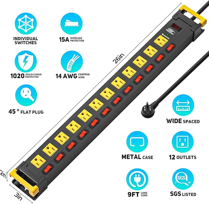 CRST 12 Outlet Heavy Duty Metal Power Strip