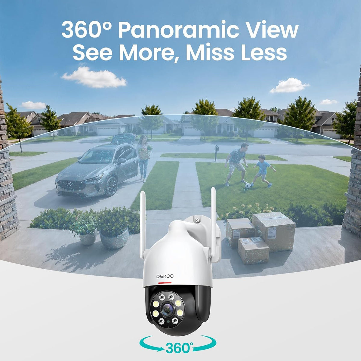 dekco 2k outdoor wifi security camera, plug-in pan-tilt, close-up detail