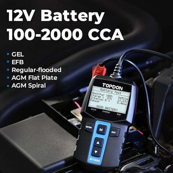 TOPDON BT100 Car Battery Tester 12V Load Tester, 100-2000 CCA Automotive
