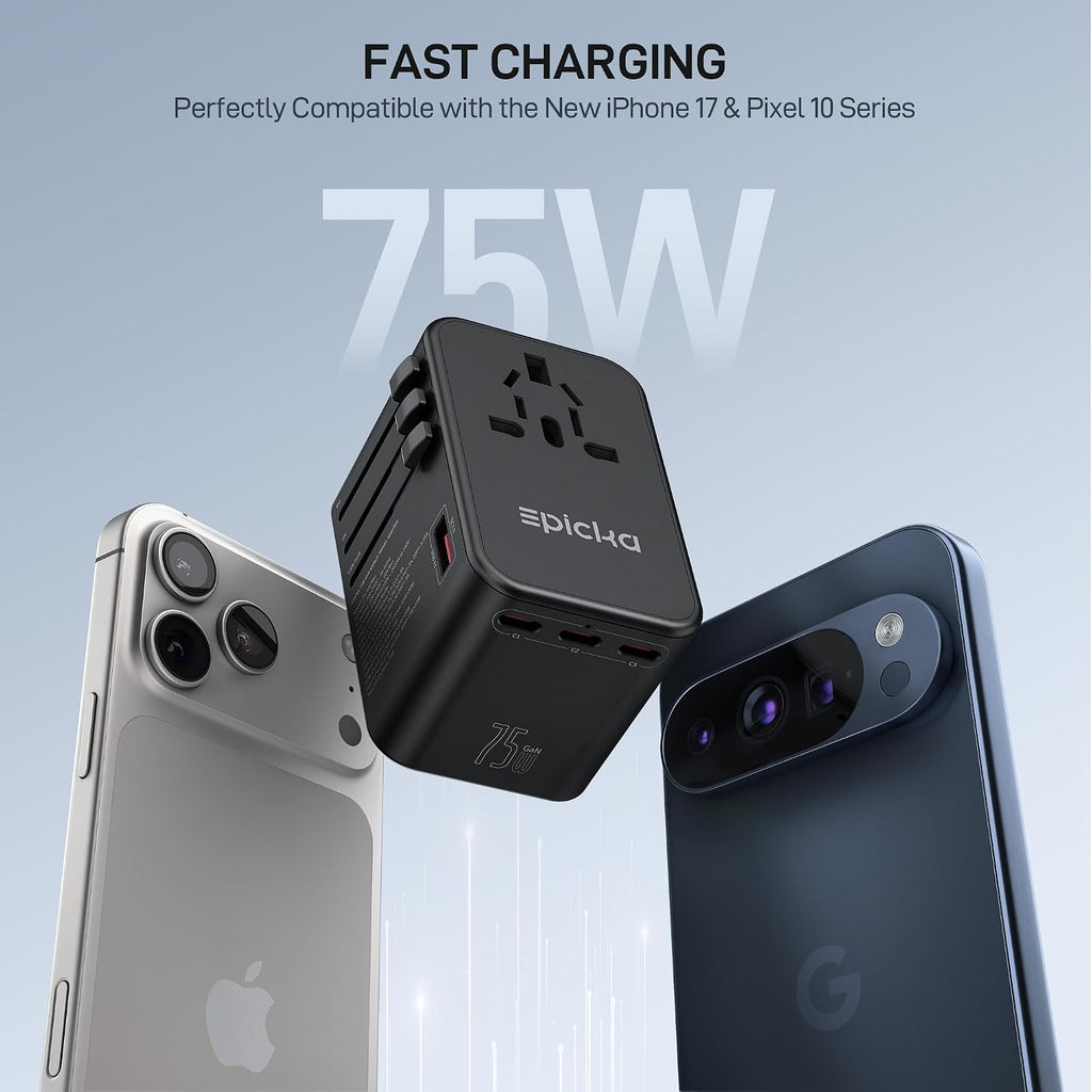 EPICKA 75W GaN PD Universal Travel Adapter, 3USB-C/2USB-A | International Power Adapter for EU/US/UK/AU, Fast Charging for Multi-Device Travel, TA-105 Max, Black