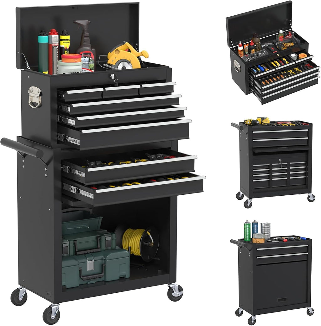 Rolling Tool Box with Wheels, 8-Drawer High Capacity Tool Chest with Wheels, Removable Storage Toolbox with Lock for Workshop, Garage(Black)