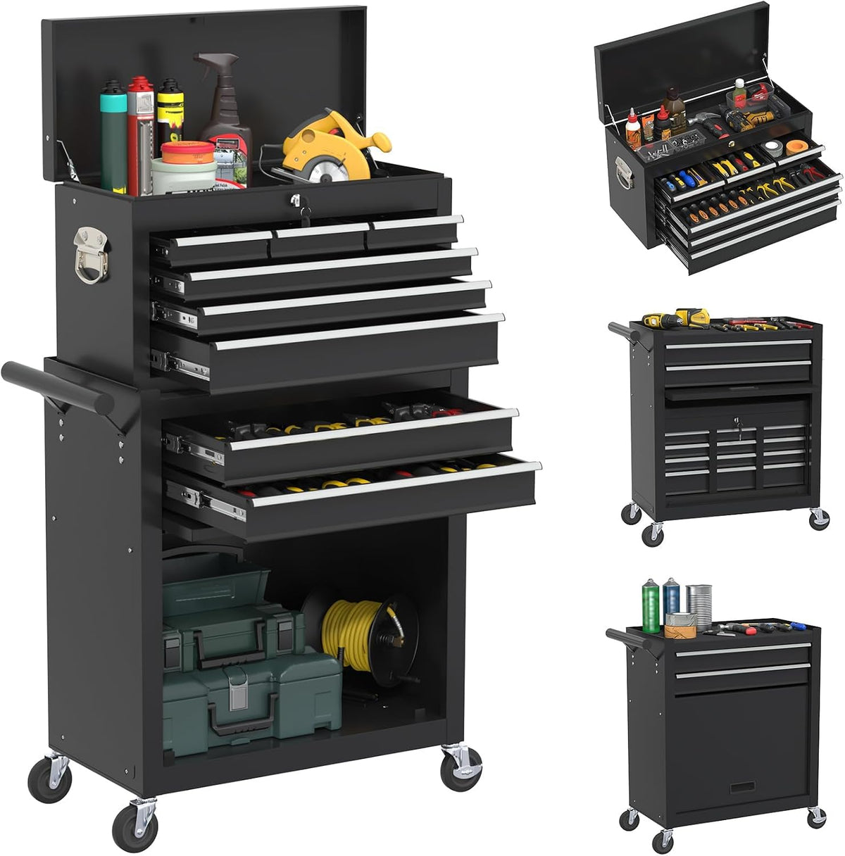 Rolling Tool Box with Wheels, 8-Drawer High Capacity Tool Chest with Wheels, Removable Storage Toolbox with Lock for Workshop, Garage(Black)