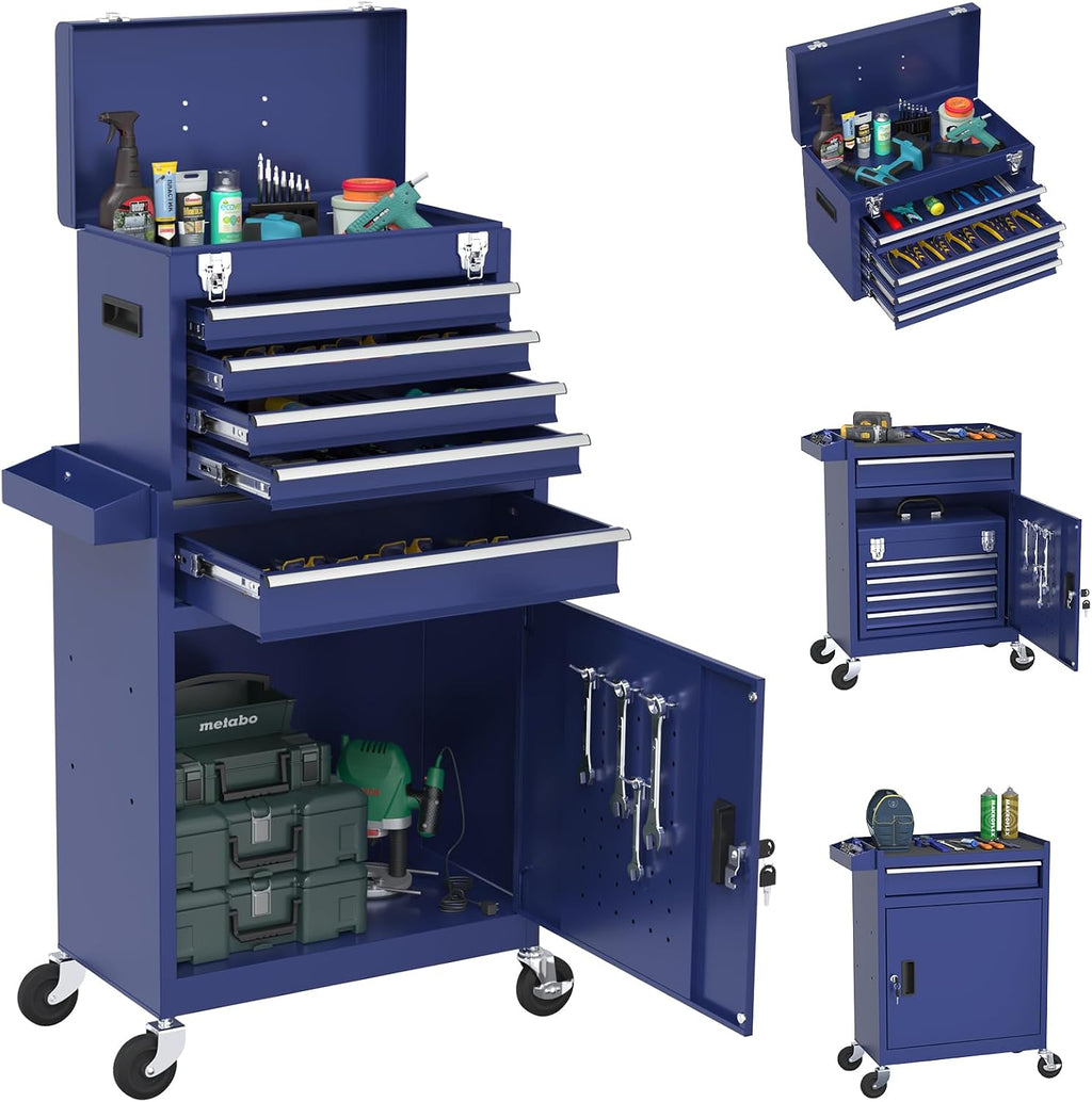 Rolling Tool Box with Wheels, 5-Drawer High Capacity Tool Chest with Wheels, Removable Storage Toolbox with Lock for Garage, Workshop (Blue)
