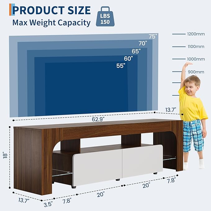 IDEALHOUSE LED TV Stand for 55 to 75 Inch TV, Walnut Entertainment Center