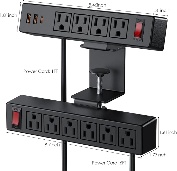 Dual Layer Desk Clamp Power Strip Surge Protector, Under Desk Power Strip