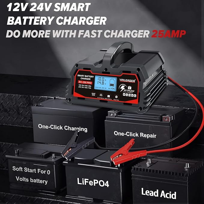 Battery Charger 25A, 12V/24V Lead Acid Smart Battery Charger, 12V LiFePO4 Car