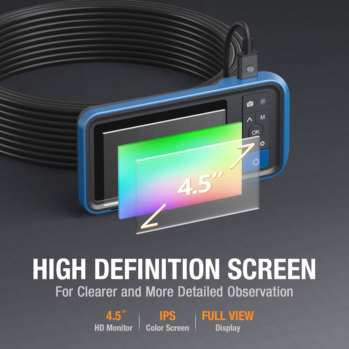 50ft dual lens endoscope with light, teslong ms450 showing dimensions