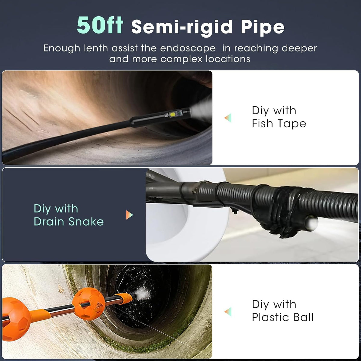 50ft triple lens endoscope camera,5" sewer drain pipe, package contents