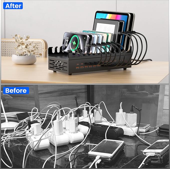 300W USB Charging Station for Multiple Devices, 24 Port USB C Fast Charging