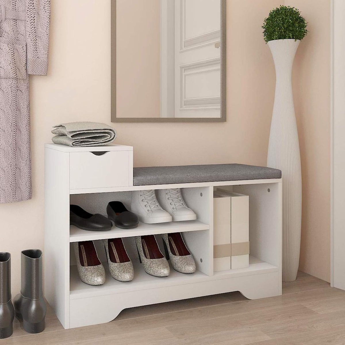 leyo shoe storage benches with cushion seating white, close-up detail