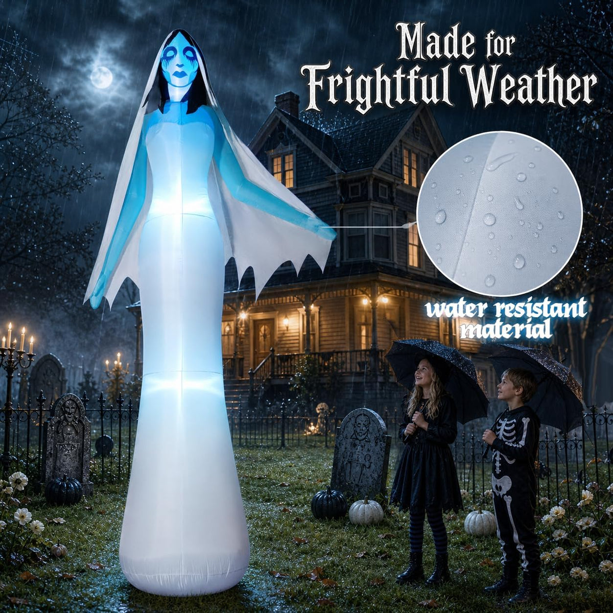 zukakii 12FT Giant Halloween Inflatables Ghost Bride with Built-in Whole-Body Blue LEDs, Spooky Halloween Decorations Outdoor Huge Blow Up Yard Decoration Creepy Blowups Large for Holiday & Party