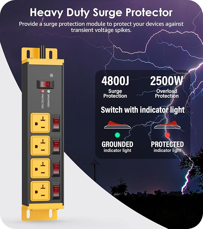 CCCEI Heavy Duty Surge Protector Power Strip 20 Amp Individual Switches. 4FT 12