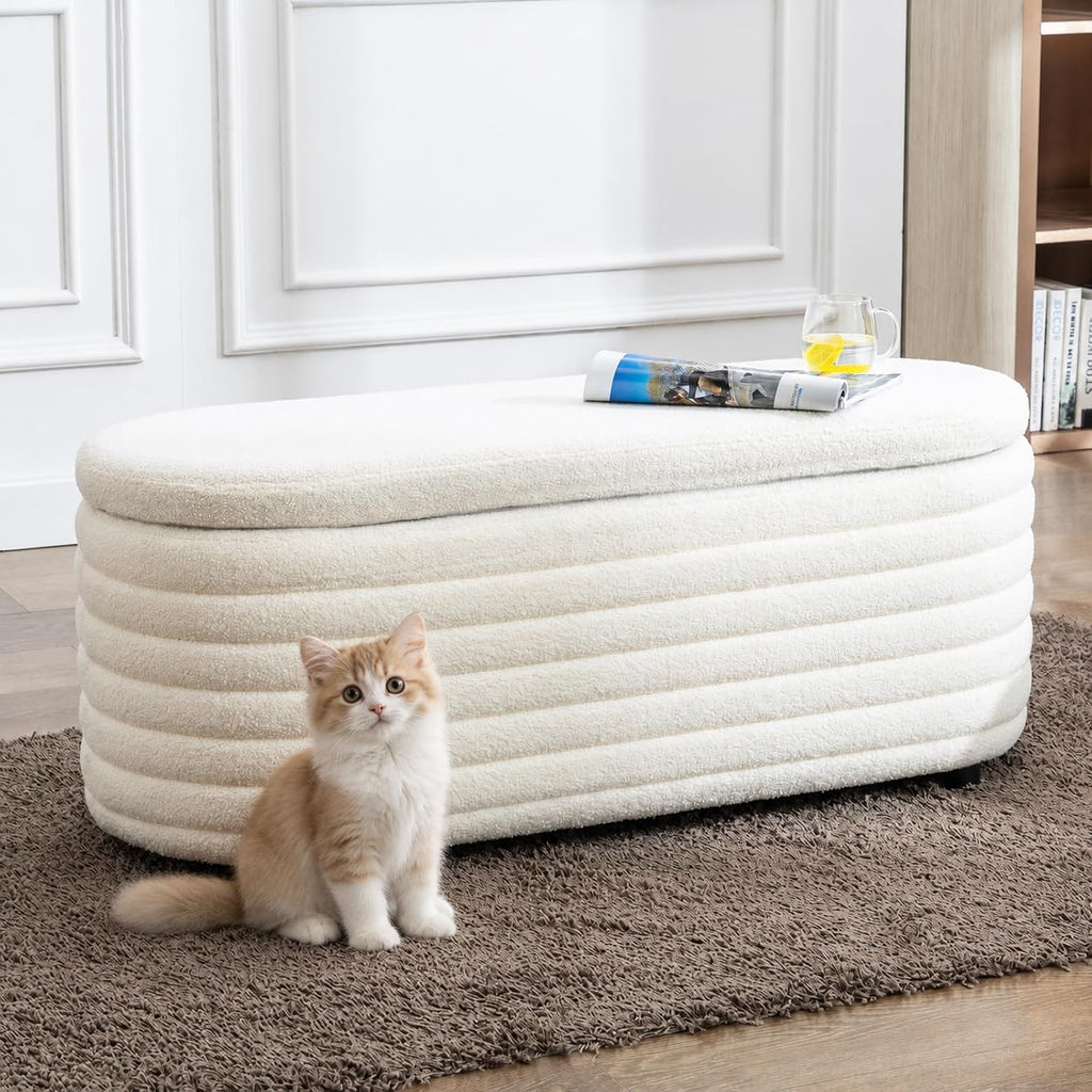 45.5" Modern Storage Ottoman Bench, White Sherpa