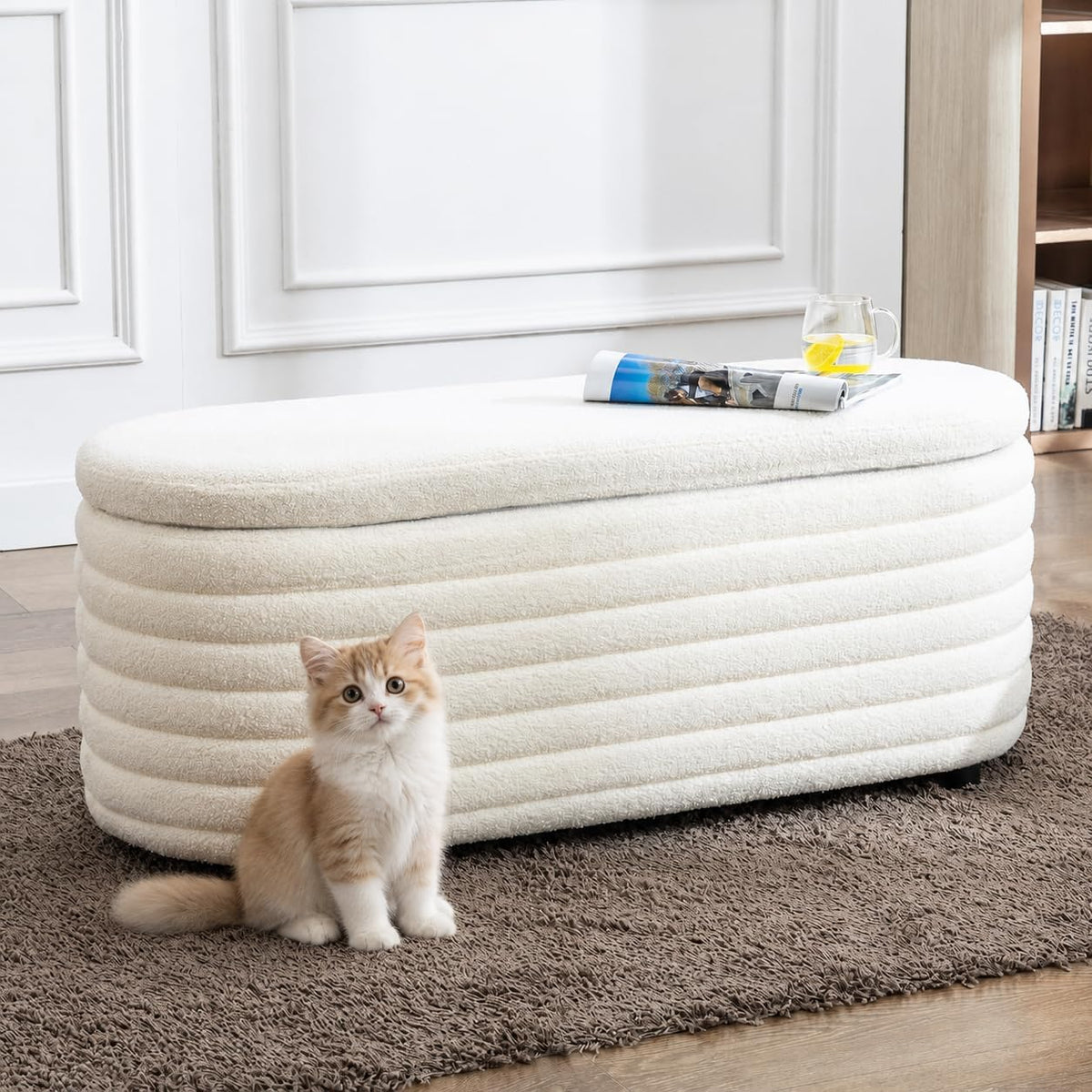 45.5" Modern Storage Ottoman Bench, White Sherpa