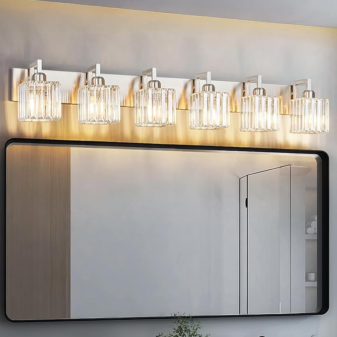 FDPBY Modern Bathroom Vanity Light 6-Lights Brushed Nickel Vanity Light Crystal
