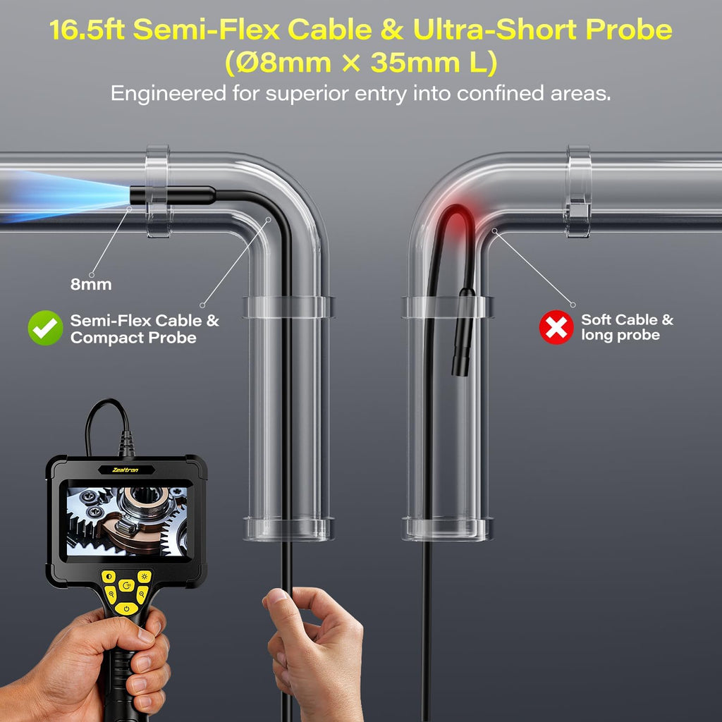 handheld endoscope camera with light – 16.5ft semi-rigid, close-up detail
