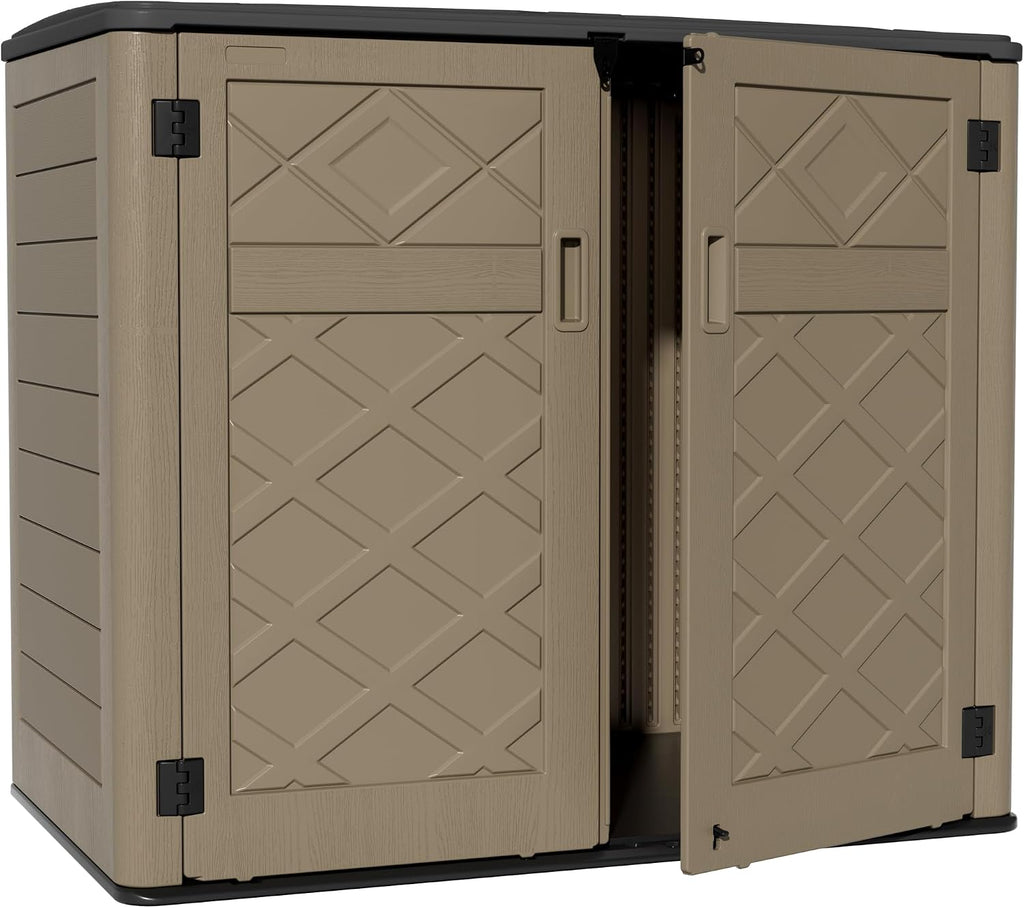 ZZM Large Outdoor Storage Shed, 48 Cu Ft Resin Versatile Storage Cabinet for Patio Accessories, Trash Cans & Garden Tools, Durable Horizontal Storage Box with Lockable Lid (Coffee)