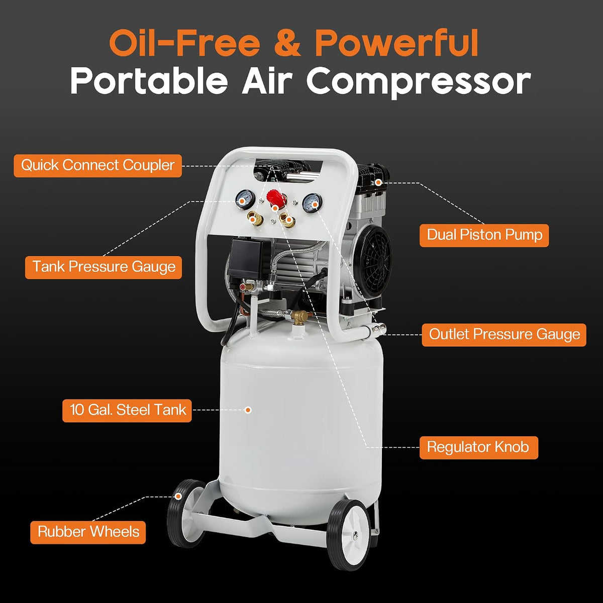 Albott 10 Gallon Electric Air Compressor, 1.8 HP Vertical Wheeled Tank