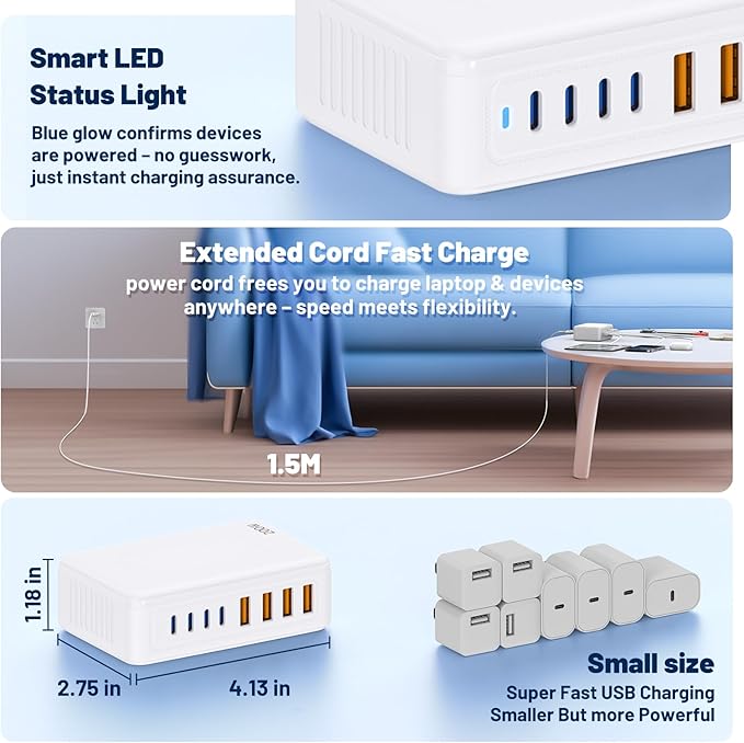 200W USB C Charging Station, 8-Port GaN USB C Charger Block, PD 65W Desktop