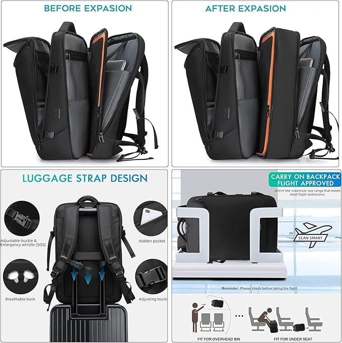 Travel Carry on Backpack 50L Expandable Flight Approved Backpacks 17.3 inch