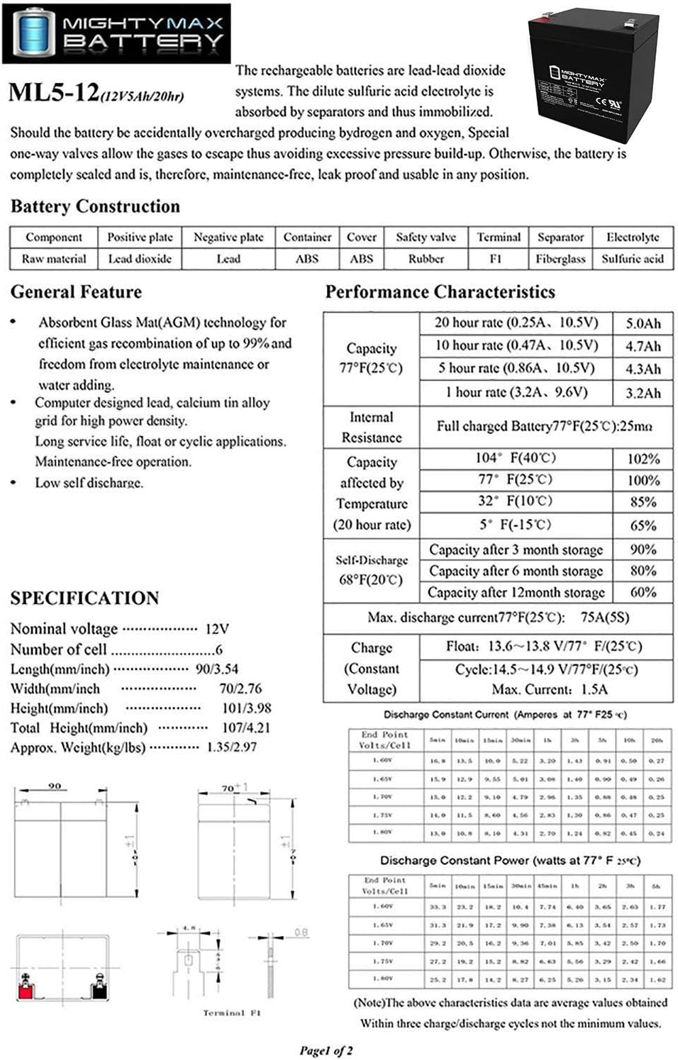 mighty max battery ml5-12 - 12 volt 5, package contents