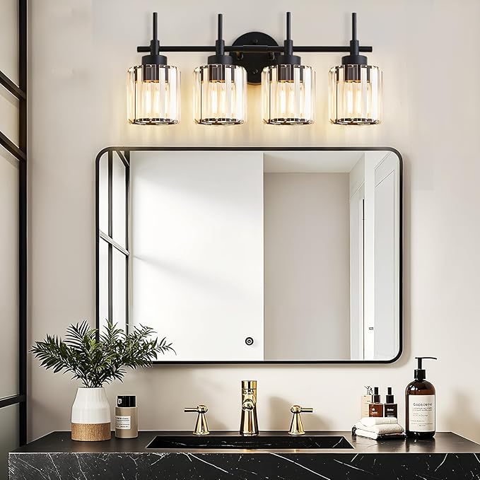 EJIAXIN 4 Light Round Crystal Vanity Lights, Modern Black Crystal Wall Light