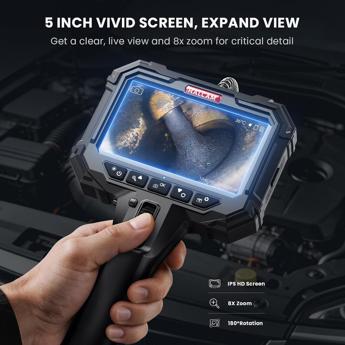 ralcam two-way articulating borescope dual lens slim probe showing dimensions