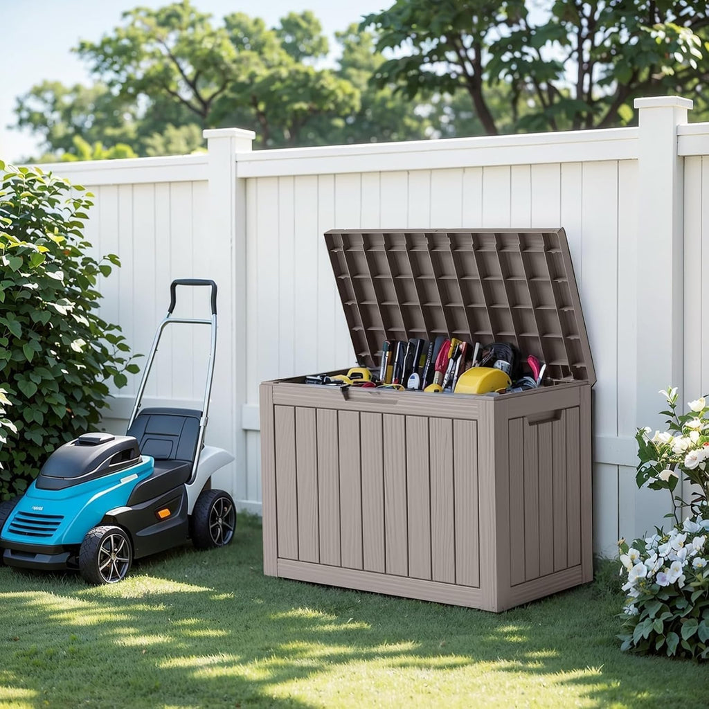 easyup 50 gallon deck box,outdoor storage box for shown in use