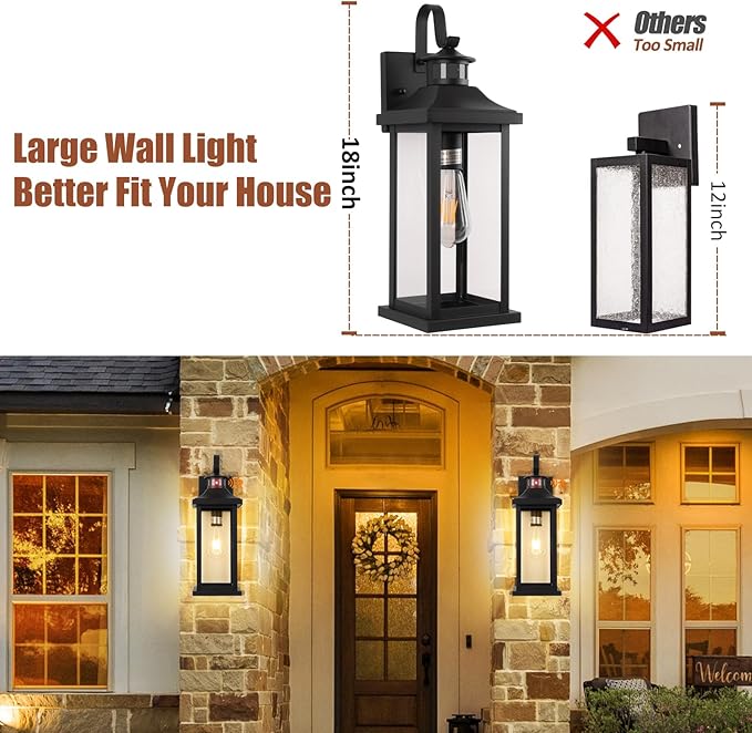 Roravilila 18 Inch Motion Sensor Outdoor Lights 2-Pack, Large Black Dusk to