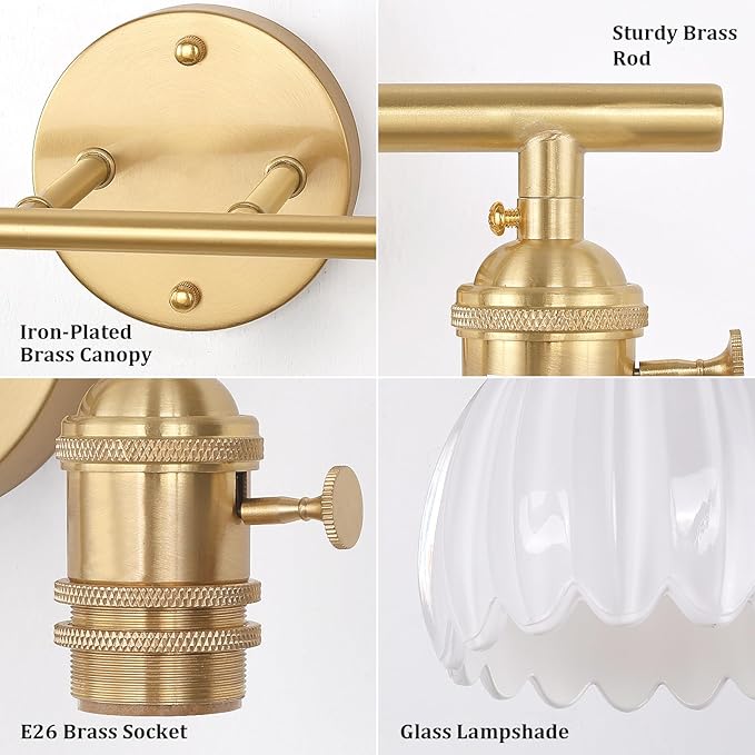 Shenmoyl Bathroom Light Fixtures, 2-Light Brass Vanity Wall Light Over Mirror