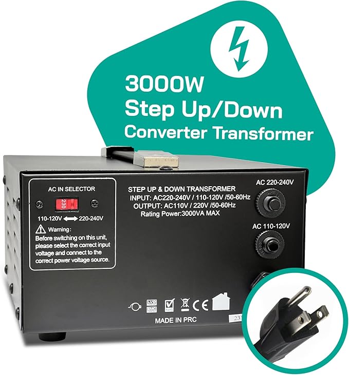 LiteFuze 3000 Watt Voltage Converter Transformer Step Up/Down - 110v to 220v /