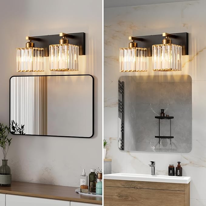 FDPBY Modern Bathroom Vanity Light 2-Lights Black Gold Crystal Bathroom Wall